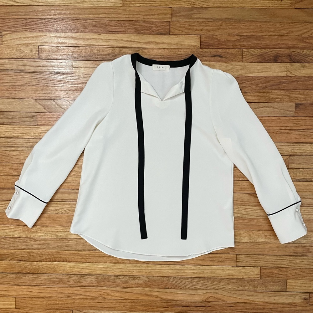 OLIVE White Ribbon Neck Blouse